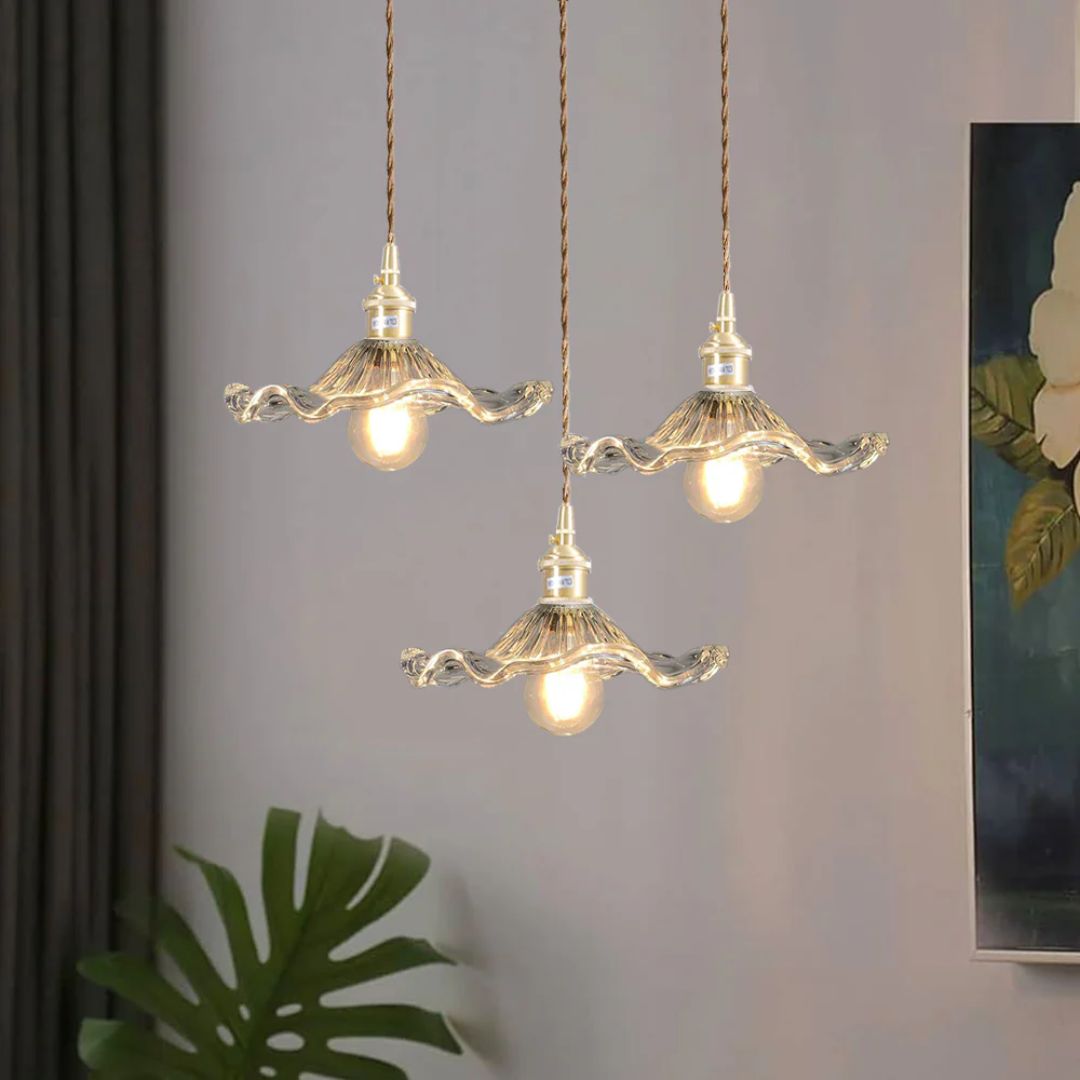 Pendant Light Glass Brass Flower Shade 23.0 cm Green Dining Room Bedroom Hanging Ceiling Lamp Retro Vintage Decorative | Thomler