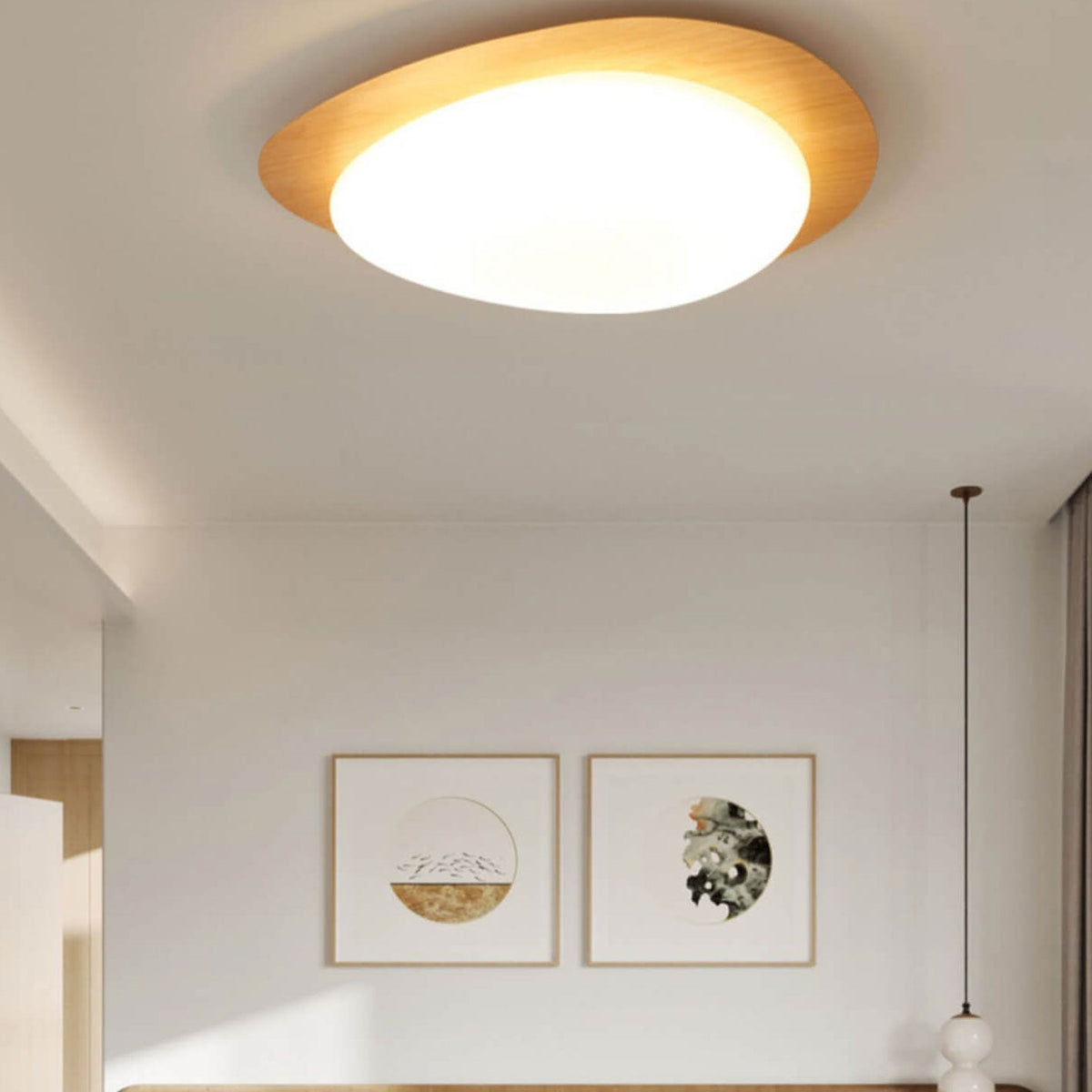 Oval Stone-Textured LED Ceiling Mount Light with Timber Finish for Bedrooms | Modern Hardwired Close-to-Ceiling Fixture for Living Rooms & | Thomler
