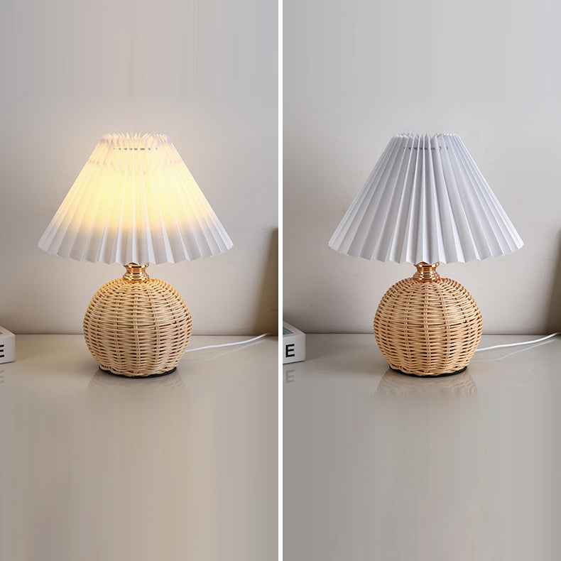 Nordic Rattan Table Lamp with Fabric Shade, USB Powered & Infinitely Dimmable LED Light for Bedroom, Living Room, Study | Thomler