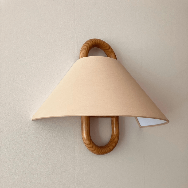 Fabric Half-Moon Wall Sconce with Natural Wood Backplate for Bedroom & Living Room | Thomler