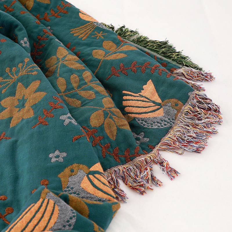 Reversible Cotton Throw Blanket with Woven Bird & Floral Pattern, Tasseled Edge for Couch, Sofa, Bed – Double-Sided Bohemian Home Accent | Thomler