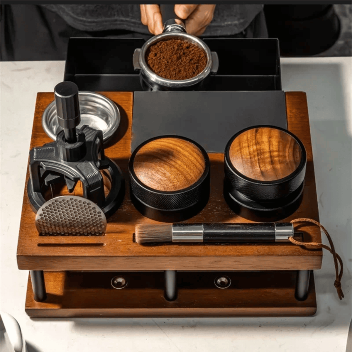 Espresso Tool Organizer with Knock Box – Solid Wood Coffee Counter Station for Home Baristas | Thomler