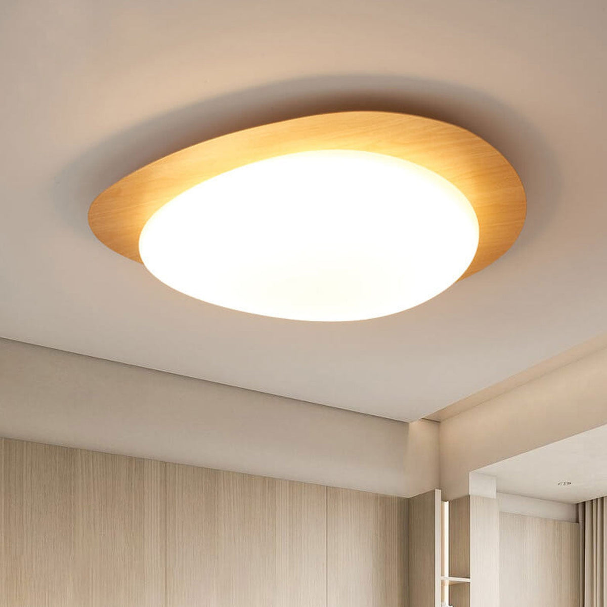 Oval Stone-Textured LED Ceiling Mount Light with Timber Finish for Bedrooms | Modern Hardwired Close-to-Ceiling Fixture for Living Rooms & | Thomler