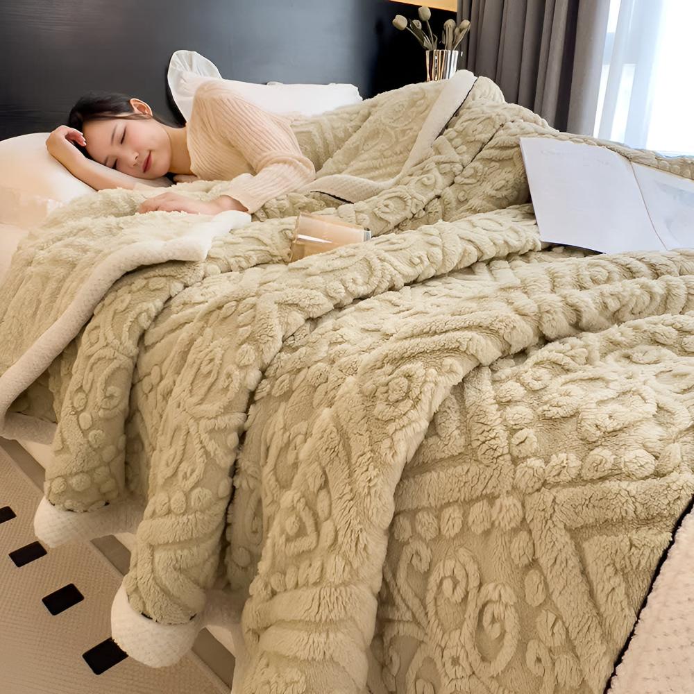 Carved Plush Throw with Sherpa Backing – Double-Sided Knit Blanket for Bed, Couch & Travel | Thomler