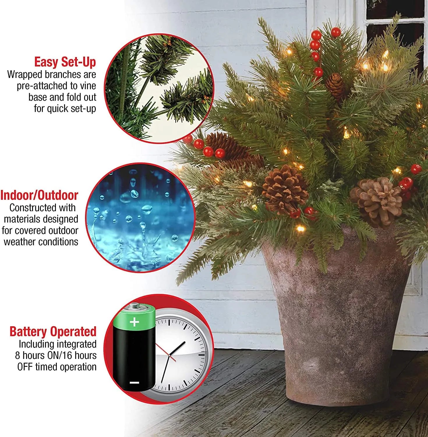Battery-Operated LED Evergreen Spray with Pine Cones & Berries for Holiday Urns, Planters & Entryways | Thomler