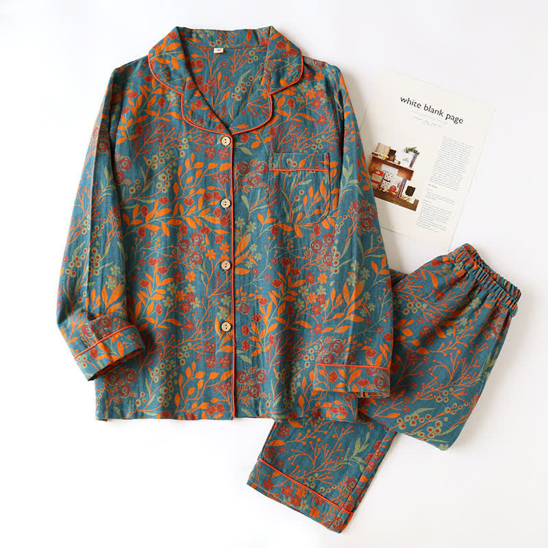 Women's Cotton Pajama Set with Botanical Leaf Print & Button-Down Top for Lounging | Thomler
