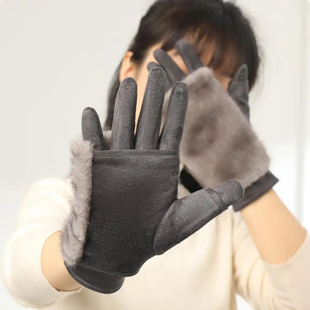 Faux-Suede Winter Gloves with Real Rabbit Fur Cuff for Men & Women – Touchscreen Fingertips, Windproof Lining – Warm Cold-Weather Handwear | Thomler