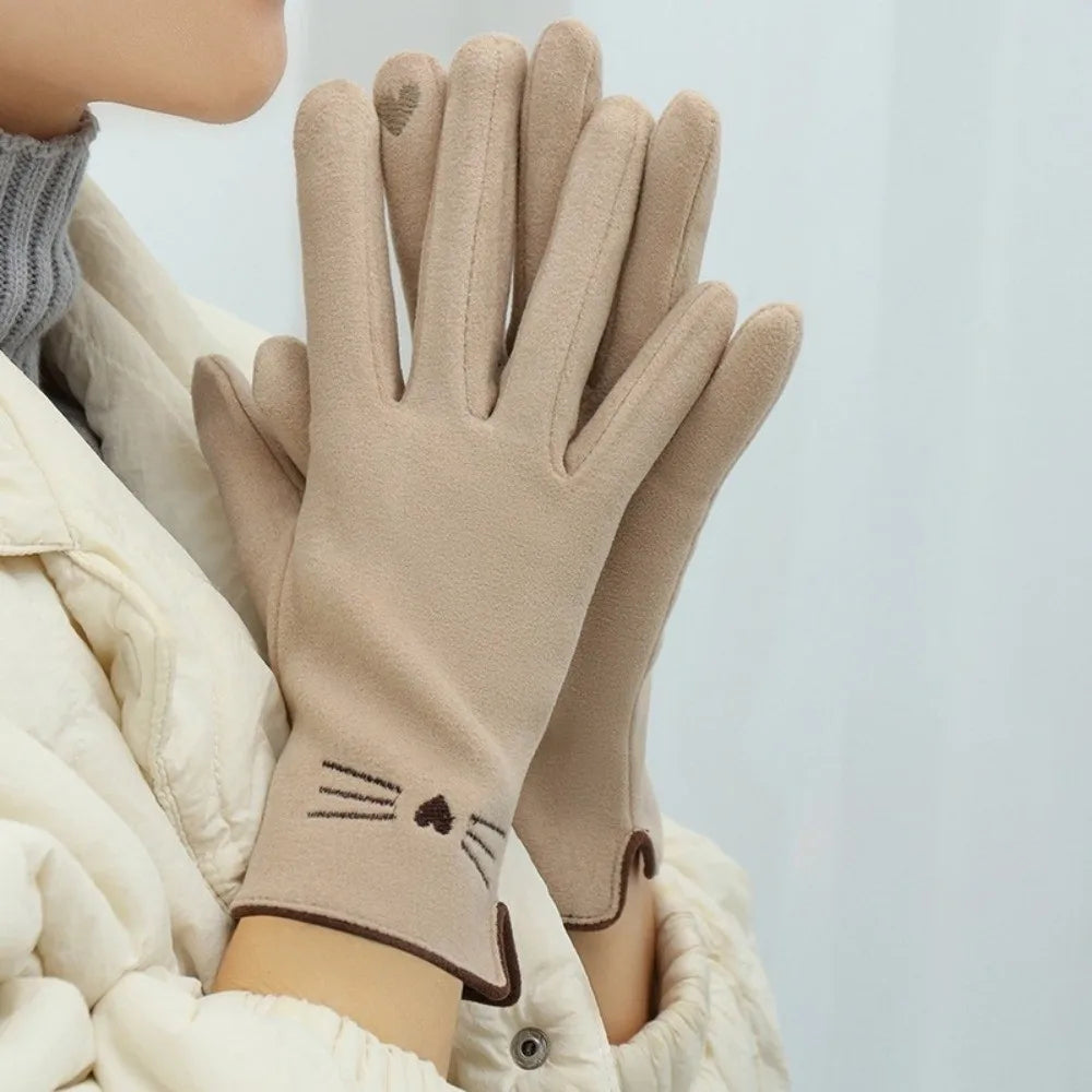 Stretchy Knit Touchscreen Gloves with Embroidered Kitten Detail for Women | Thomler