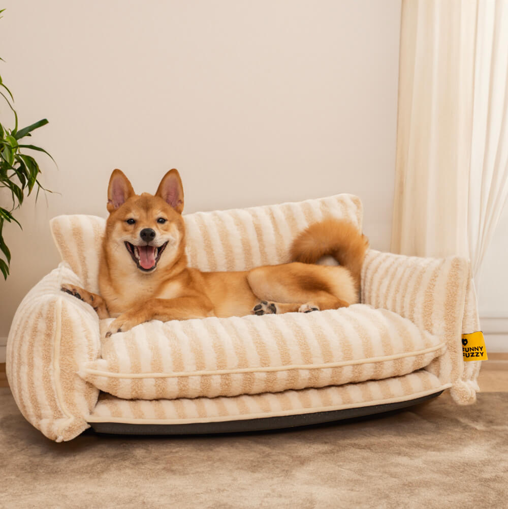 Plush Pet Couch with Washable Cover - Dual-Layer Cushioned Lounger for Dogs & Cats - Striped Fleece Nap Spot | Thomler