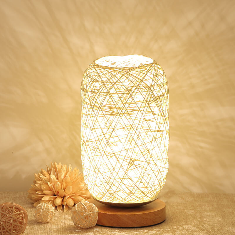 Woven Rattan Table Lamp with Wood Base & Metal Frame – Plug-In LED Desk Light for Bedroom, Living Room & Office | Thomler