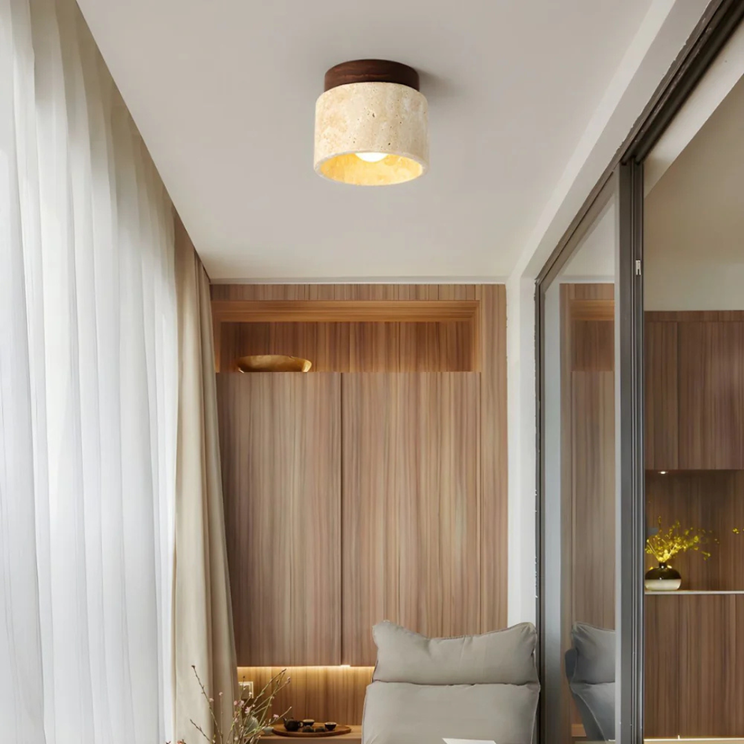 Plafondlamp Travertin Cilinder Met Houten Accent E27 12cm | Sansoti