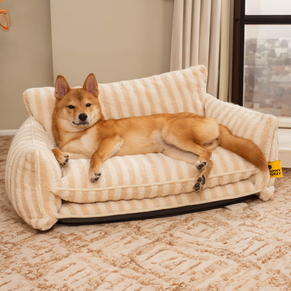 Plush Pet Couch with Washable Cover - Dual-Layer Cushioned Lounger for Dogs & Cats - Striped Fleece Nap Spot | Thomler