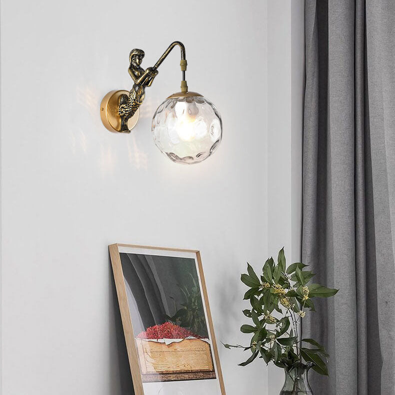 Mermaid Glass Globe Wall Light Fixture Metal Resin Single Sconce Coastal Décor for Bedroom Living Room Hallway Bathroom E26 Hardwired | Thomler