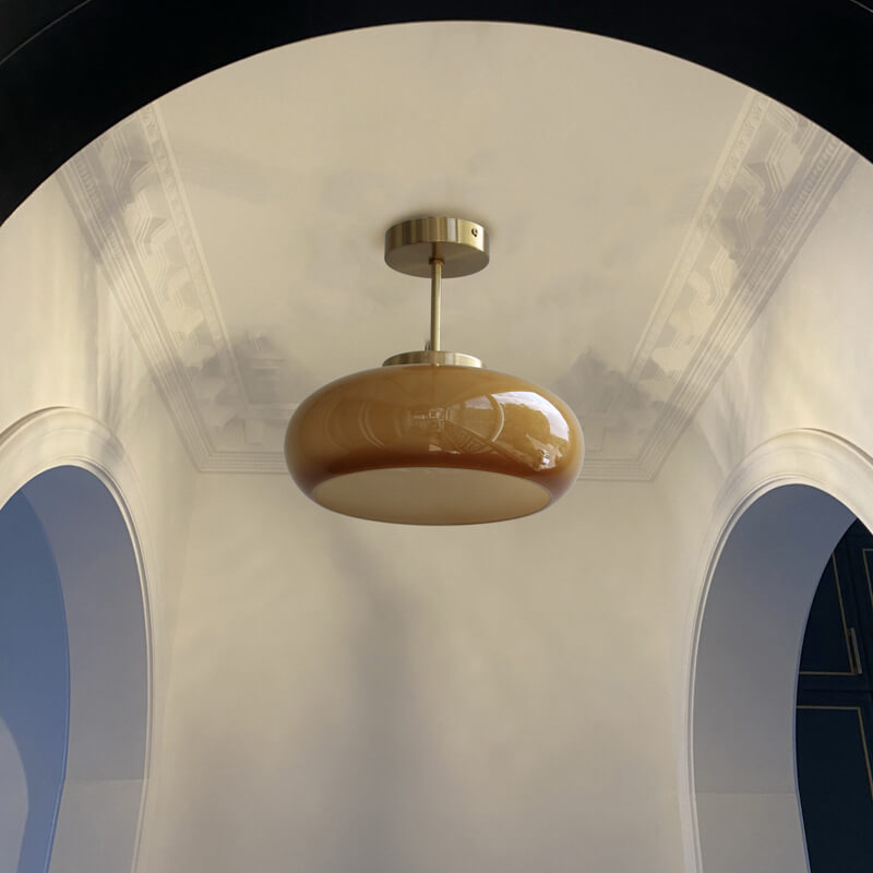 Amber Glass Semi-Flush Ceiling Light with Antique Gold Finish for Bedroom & Living Room - 11 Inch Single-Bulb Hardwired Fixture | Thomler
