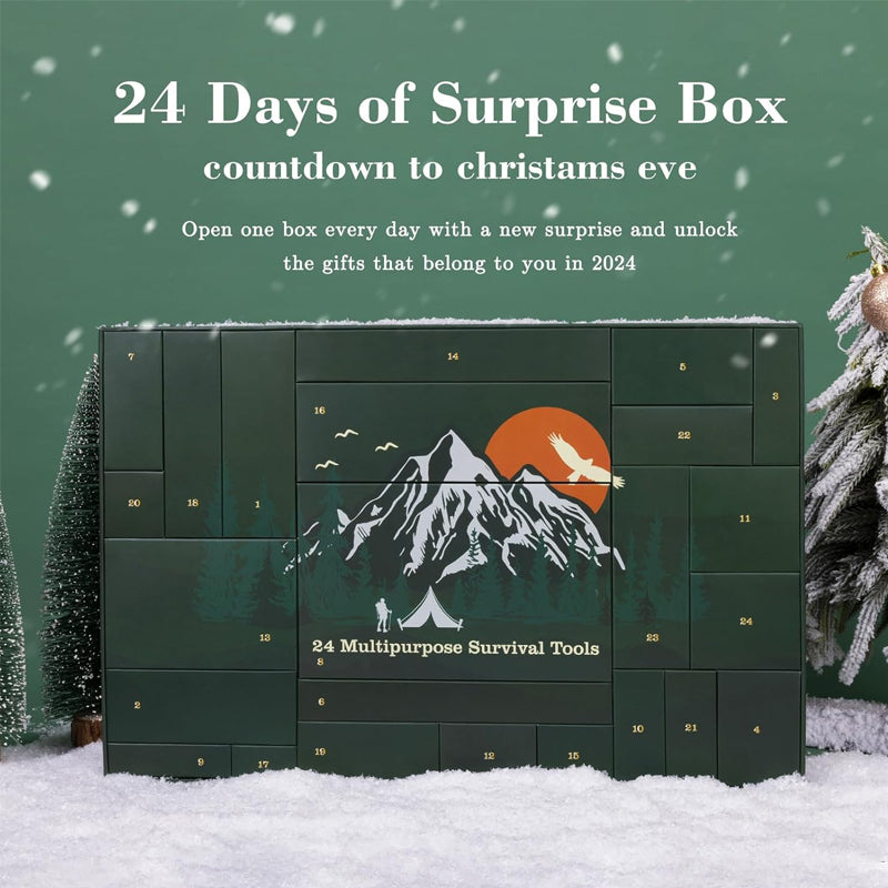 Holiday Countdown Outdoor Gear Calendar with 24 Daily Tools for Camping Hiking & Wilderness Adventures – December Gift Box Set for Men Women | Thomler