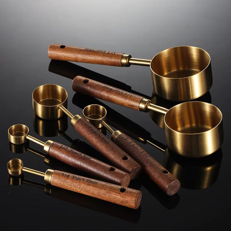 Measuring Cups And Spoons Stainless Steel Oak Wood 240 ml Baking Cooking Kitchen Portion Set | Thomler