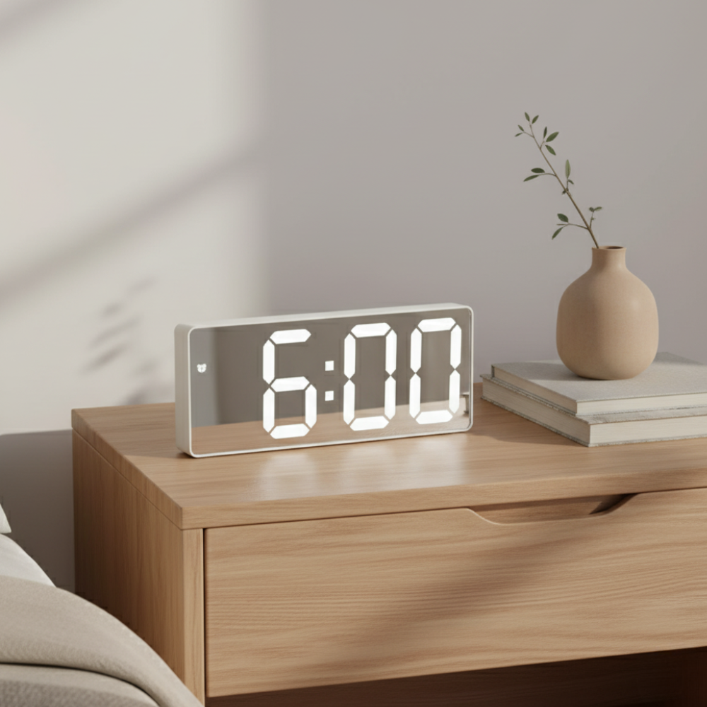 Mirrored LED Bedside Clock – Time, Temp & Alarm Display | Thomler