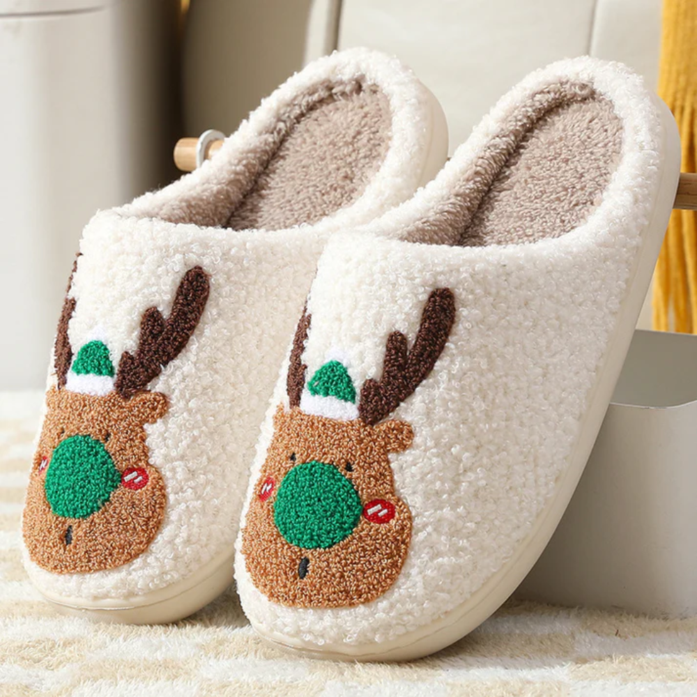 Holiday Reindeer Slippers – Plush Indoor House Shoes with Non-Slip Sole for Women & Men | Thomler