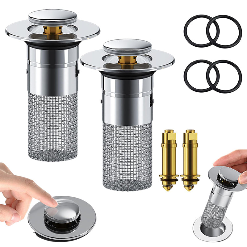 Pop-Up Bathroom Drain Filter with Hair Trap for Washbasin & Shower – Brass Core, Stainless Steel Basket, Universal Fit 1-1.2" Drains | Thomler