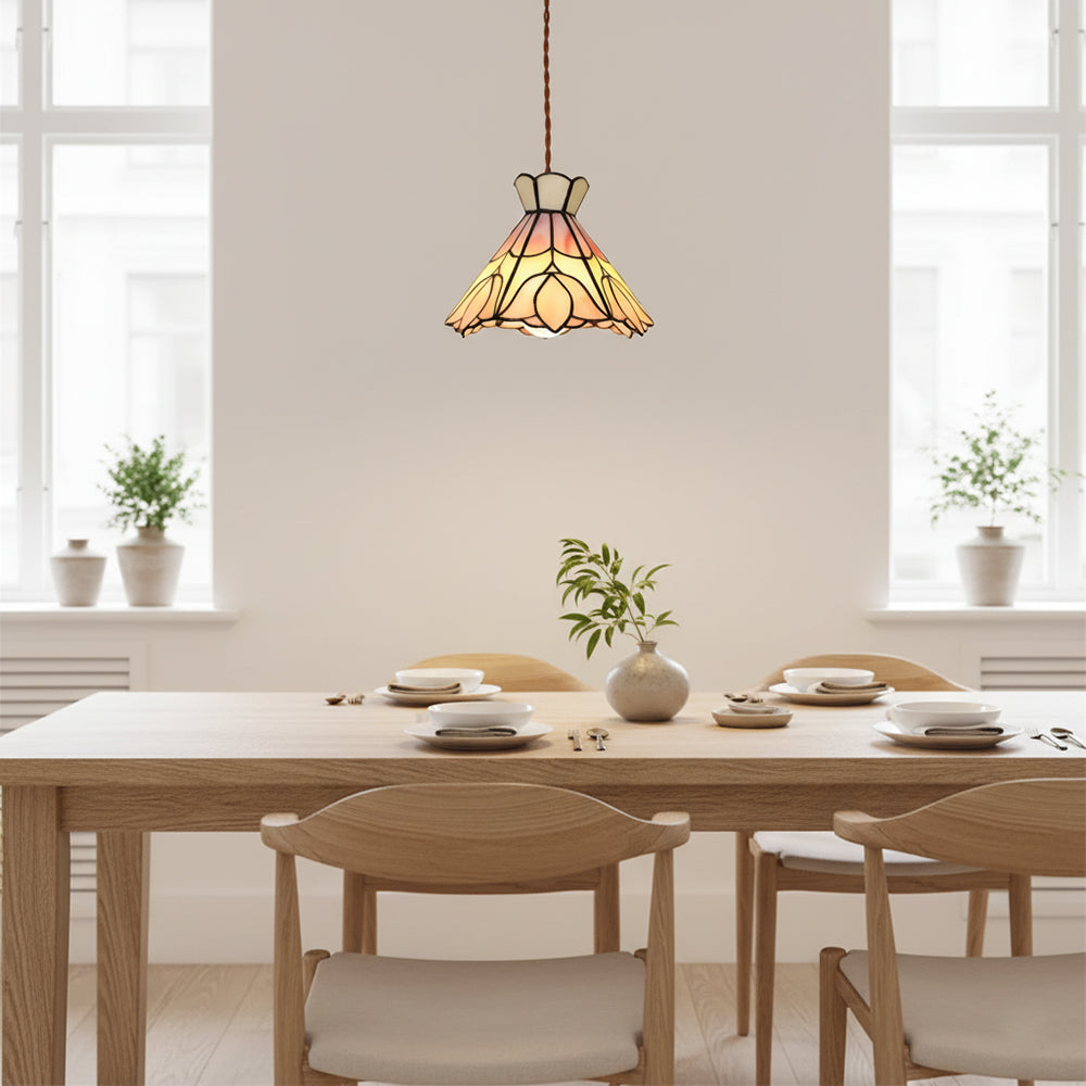 Pendant Light Stained Glass 7.8 in Pink Beige Floral Dining Room Hanging Lamp Decorative Ceiling Fixture | Thomler