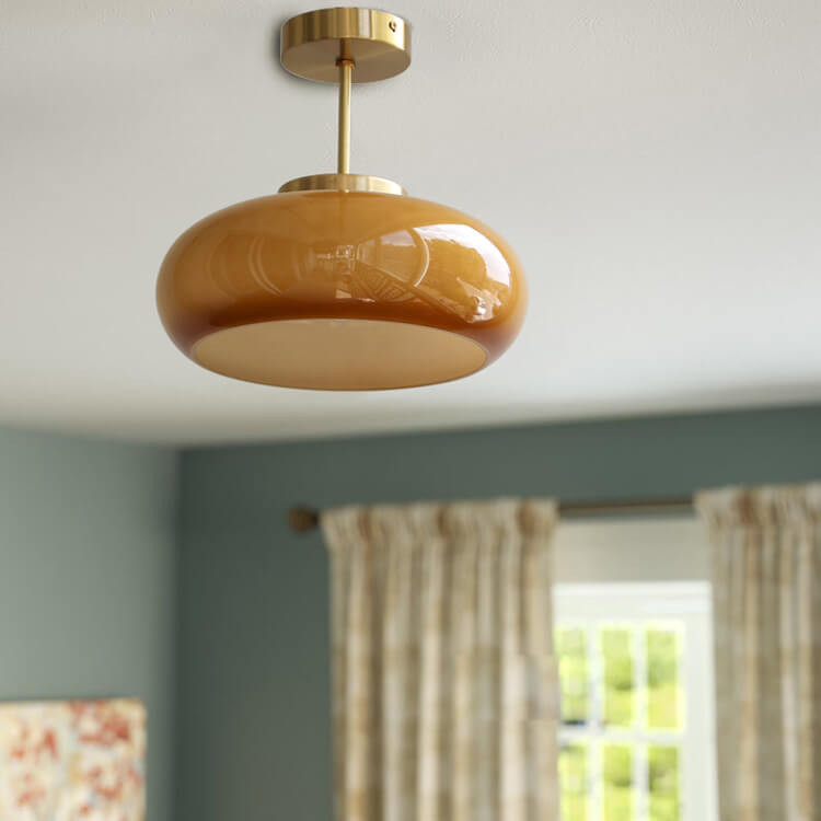 Amber Glass Semi-Flush Ceiling Light with Antique Gold Finish for Bedroom & Living Room - 11 Inch Single-Bulb Hardwired Fixture | Thomler