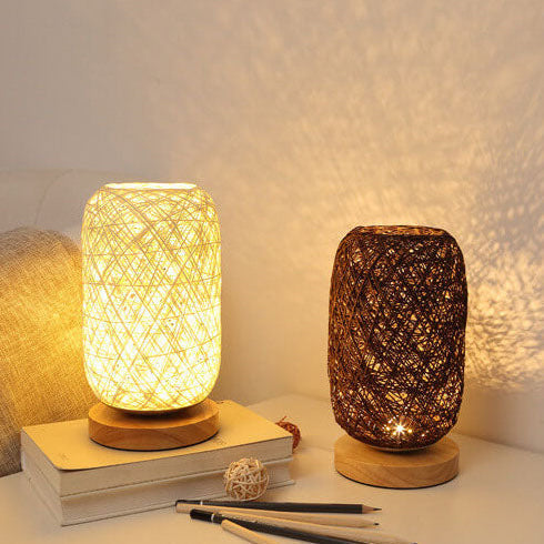 Woven Rattan Table Lamp with Wood Base & Metal Frame – Plug-In LED Desk Light for Bedroom, Living Room & Office | Thomler