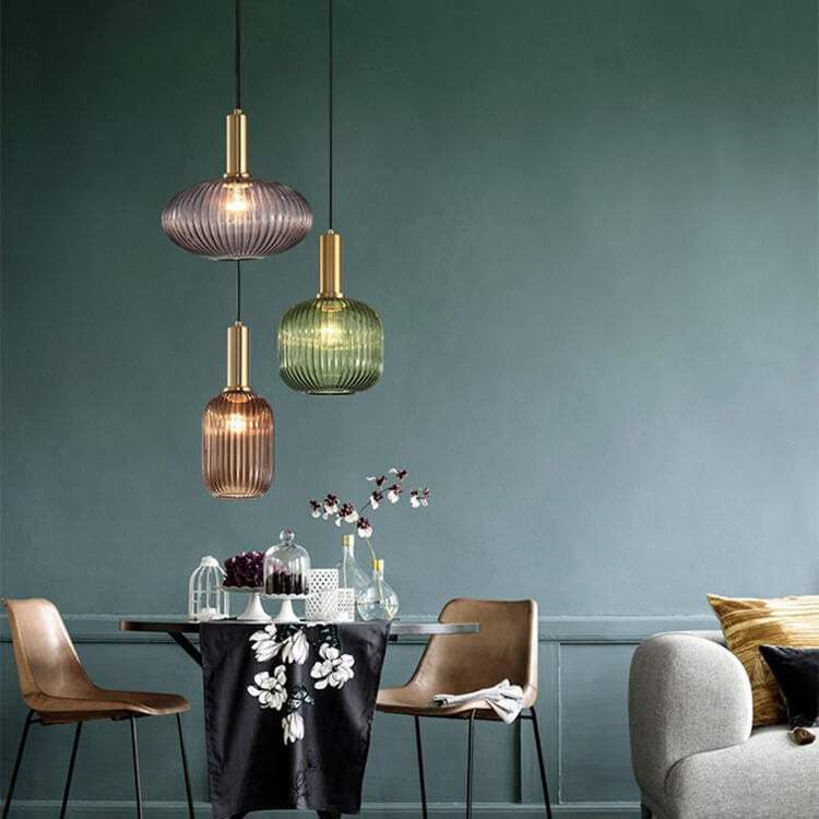 Ribbed Glass Cylinder Hanging Fixture Single-Bulb Suspension Lamp for Kitchen Island Dining Room Entryway | Thomler