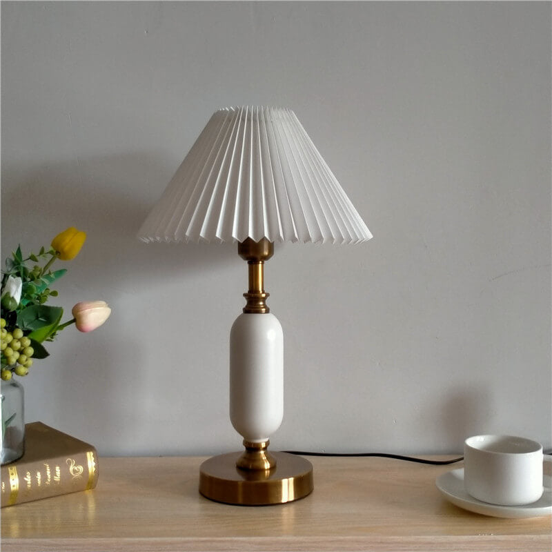 Pleated Bedside Lamp with Metal Base and Fabric Shade for Bedroom, Living Room & Study | E26 Socket | Thomler