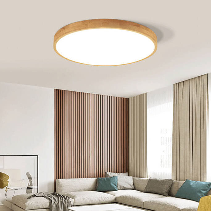 Slim Profile Round Wood Ceiling Light Fixture with Integrated LED – Modern Flush Mount in Natural Beige Finish for Bedroom, Living Room & | Thomler