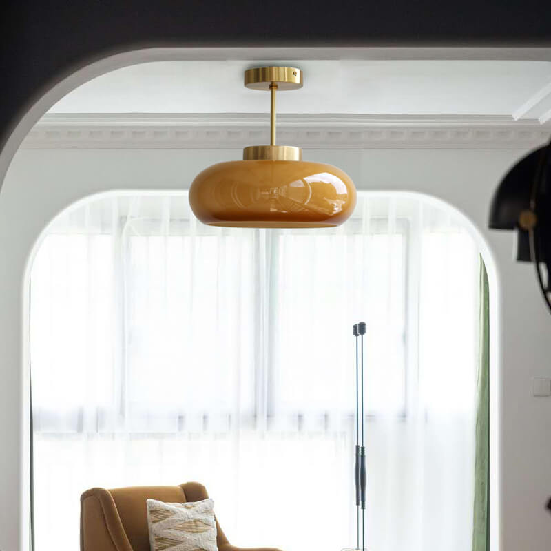 Amber Glass Semi-Flush Ceiling Light with Antique Gold Finish for Bedroom & Living Room - 11 Inch Single-Bulb Hardwired Fixture | Thomler