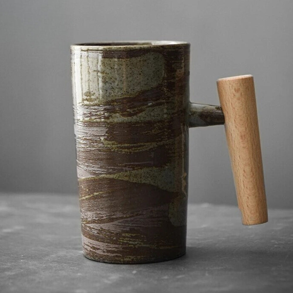 Handcrafted Ceramic Coffee Mug with Wooden Handle – Earthy Tones & Organic Design for Home | Thomler