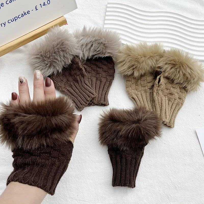 Soft Knit Fingerless Hand Warmers with Plush Faux Rabbit Fur Trim for Women – Stretchy Half-Finger Mittens for Texting & Typing in Cold | Thomler