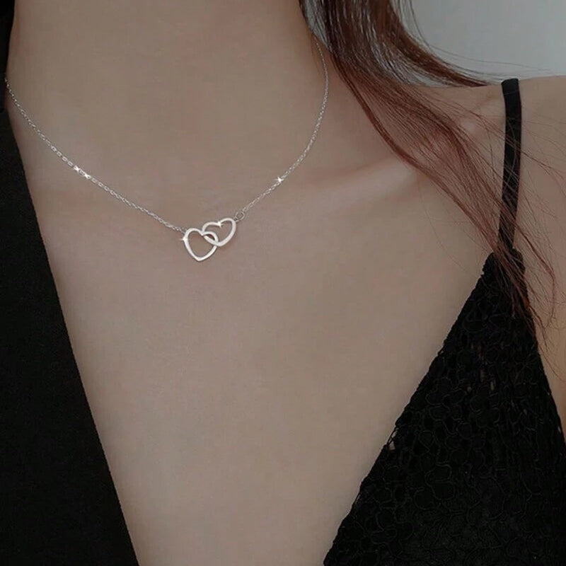 Interlocking Double Heart Pendant Titanium Steel Chain Necklace for Women Anniversary Valentines Day Jewelry Gift with Optional Spinning | Thomler