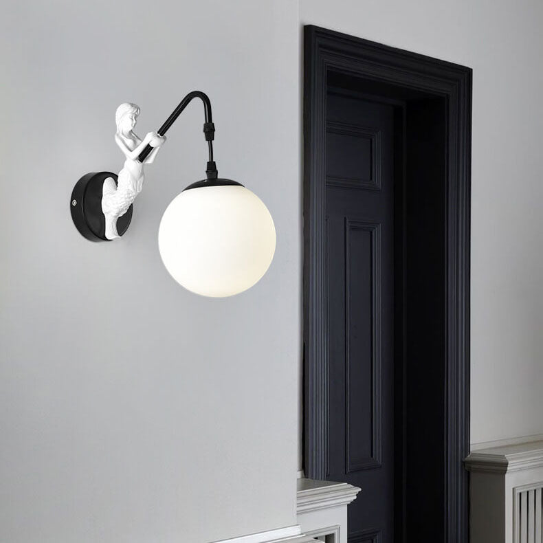 Mermaid Glass Globe Wall Light Fixture Metal Resin Single Sconce Coastal Décor for Bedroom Living Room Hallway Bathroom E26 Hardwired | Thomler