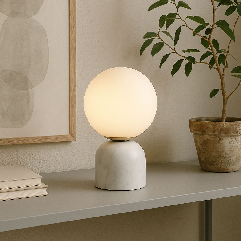 Table Lamp Marble Base Frosted Glass Ø15.0 cm H9.0 cm Warm Light Bedroom Living Room Nightstand Mood Lighting | Thomler