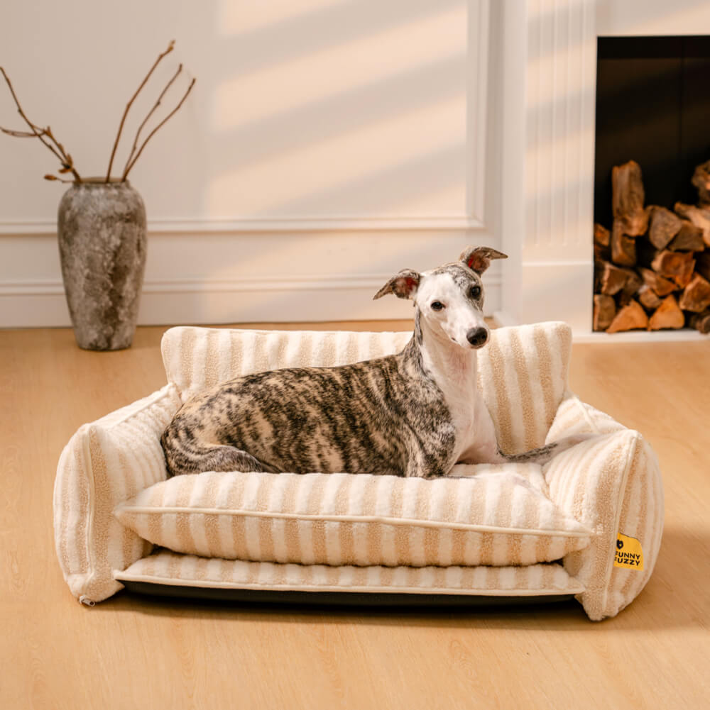 Plush Pet Couch with Washable Cover - Dual-Layer Cushioned Lounger for Dogs & Cats - Striped Fleece Nap Spot | Thomler