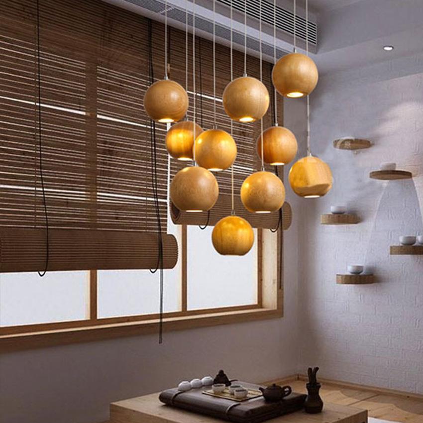 Natural Wood Sphere Pendant Light | Modern Globe Drop Ceiling Lamp for Kitchen Island, Dining Room, Living Room & Restaurant | Adjustable | Thomler