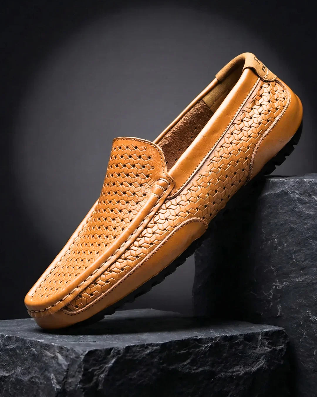 Handwoven Leather Slip-On Shoes with Cushioned Footbed & Rubber Sole for Men – Casual Summer Driving Moccasins, Breathable Comfort for | Thomler