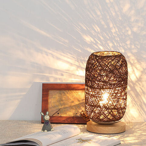 Woven Rattan Table Lamp with Wood Base & Metal Frame – Plug-In LED Desk Light for Bedroom, Living Room & Office | Thomler