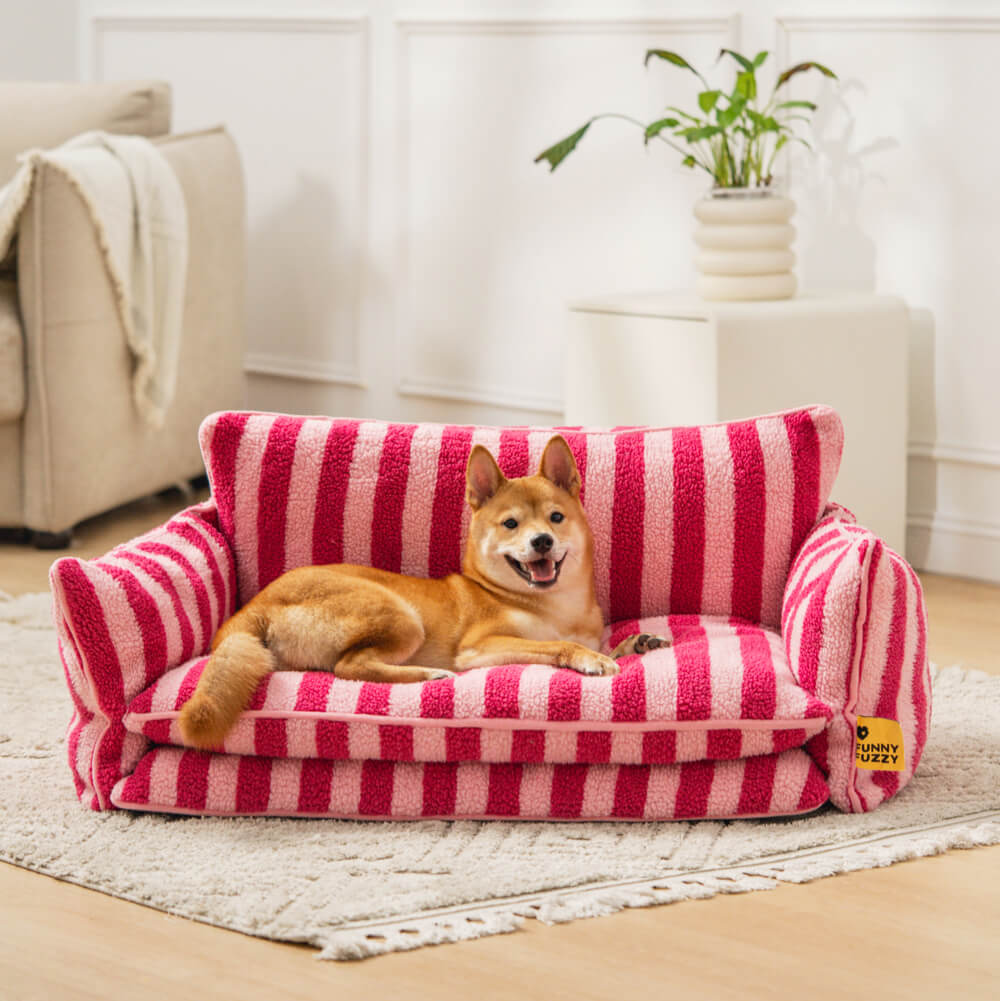 Plush Pet Couch with Washable Cover - Dual-Layer Cushioned Lounger for Dogs & Cats - Striped Fleece Nap Spot | Thomler