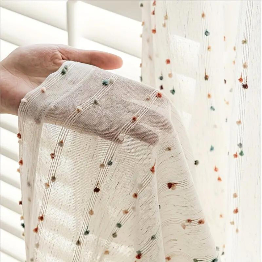 Sheer Voile Window Panel with Embroidered Rainbow Arcs – Playful Light-Filtering Drape for Kids Room, Nursery, Living Space & Balcony | Thomler