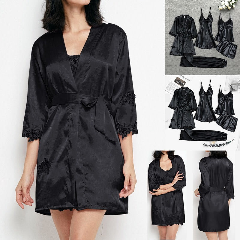 Women's Satin Pajama Set 4-Piece Robe Cami Shorts & Pants with Lace Trim for Bedroom Loungewear Sleepwear Nightwear Gift | Thomler