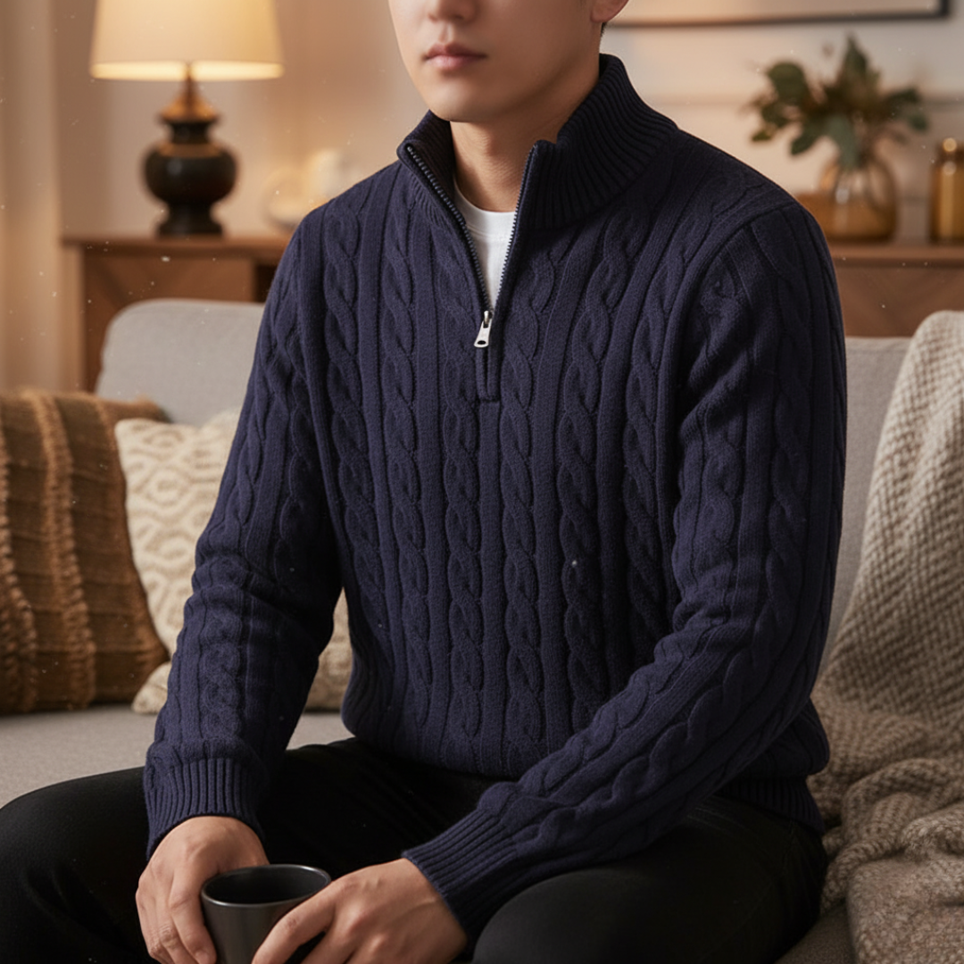 Cable-Knit Quarter-Zip Sweater for Men – 100% Cotton Stand-Collar Pullover for Fall & Winter | Thomler