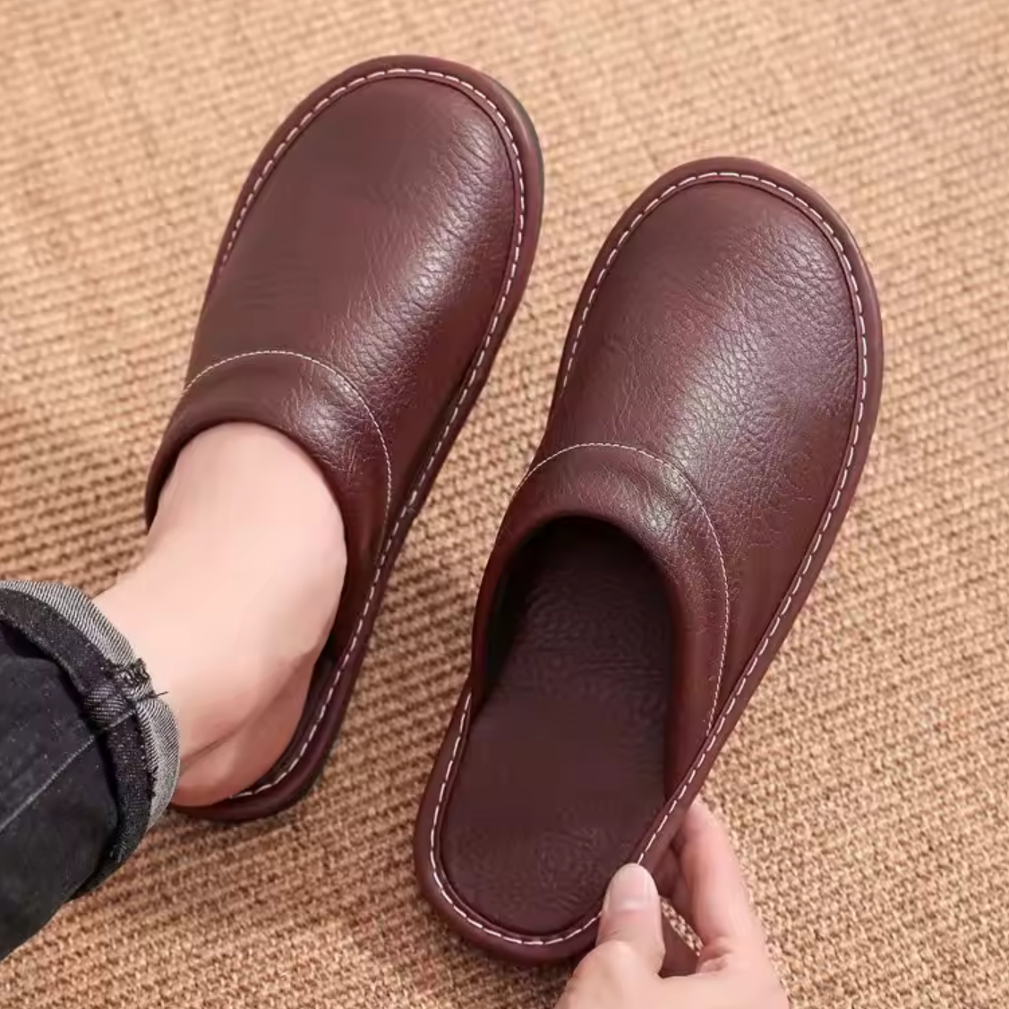Cushioned Backless Indoor Footwear for Men with Textured Outsole & Faux Leather Finish | Thomler