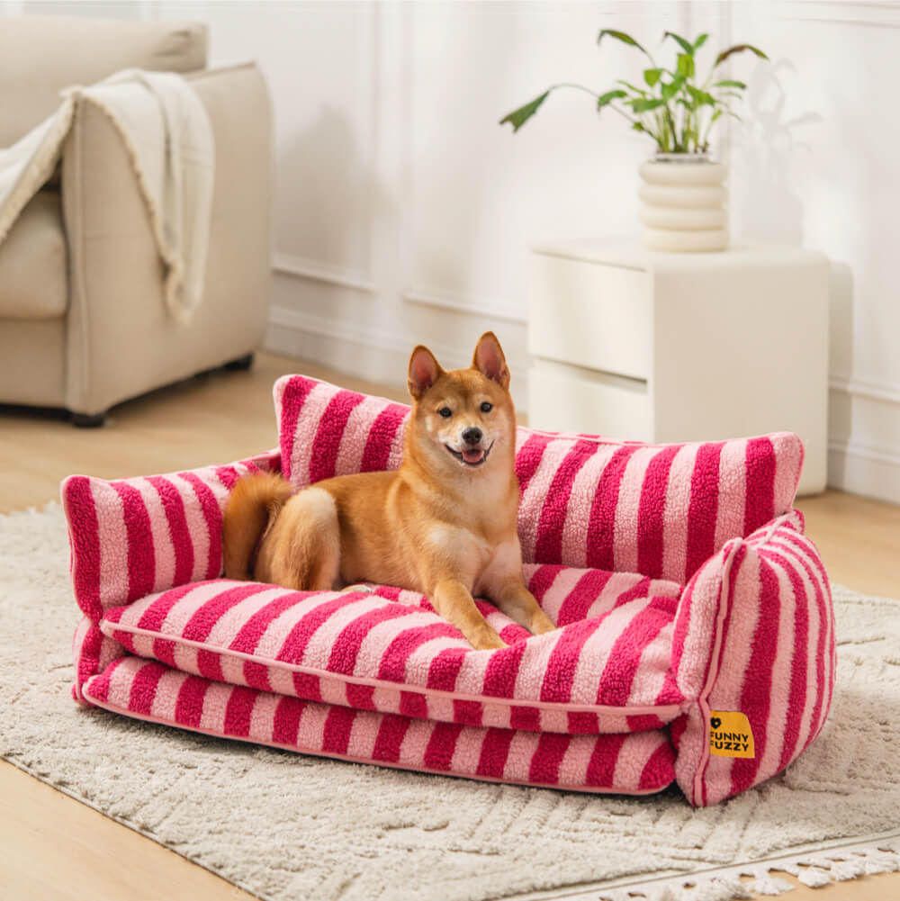 Plush Pet Couch with Washable Cover - Dual-Layer Cushioned Lounger for Dogs & Cats - Striped Fleece Nap Spot | Thomler