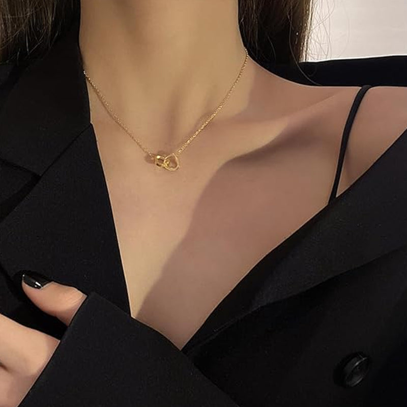 Interlocking Double Heart Pendant Titanium Steel Chain Necklace for Women Anniversary Valentines Day Jewelry Gift with Optional Spinning | Thomler
