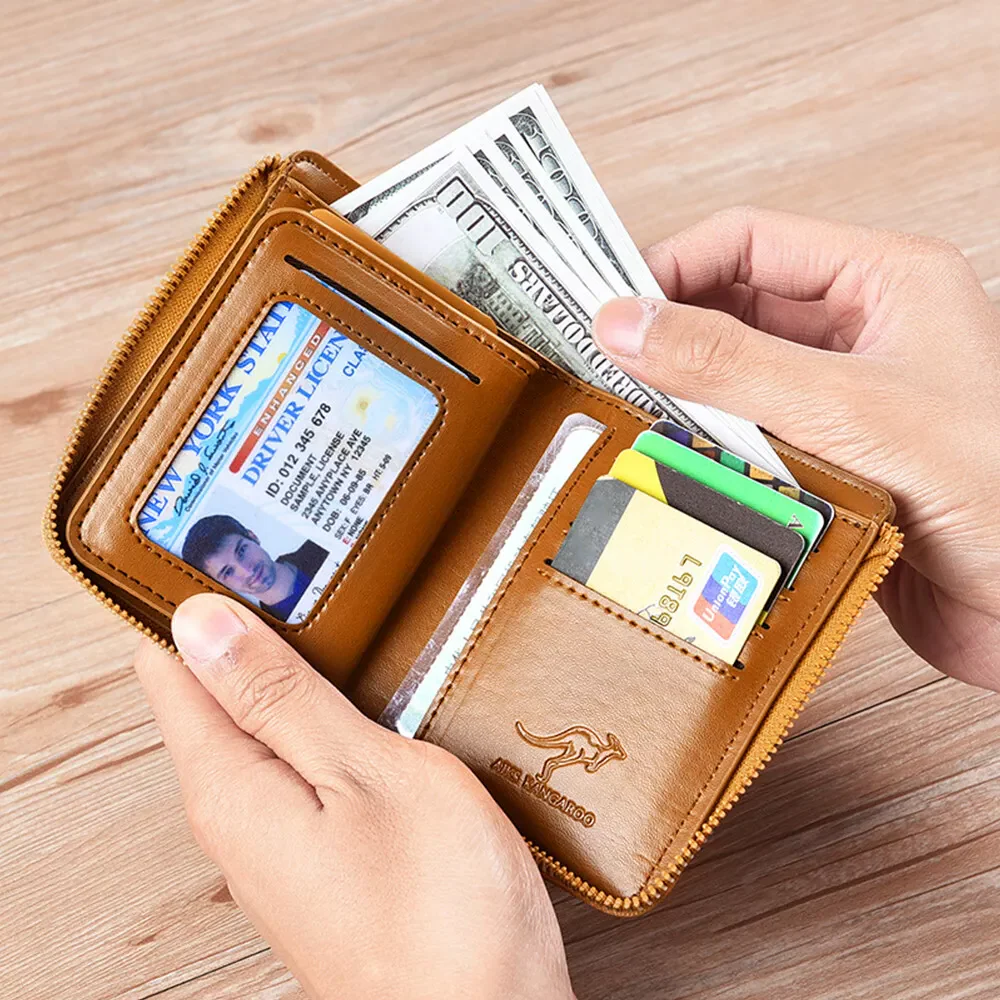 Zipper Bifold Wallet with RFID Protection 14 Card Slots Cash Pocket Vintage Leather for Men Daily Carry Travel Organization | Thomler