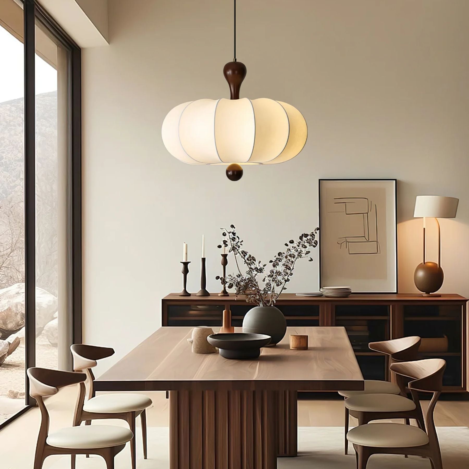 Pendant Light Fabric Walnut Wood White Dining Room Living Room Japandi Scandinavian Hanging Ceiling Lamp | Thomler