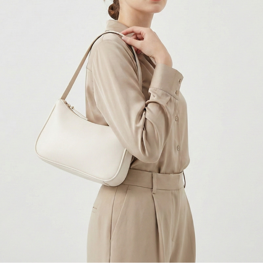 Structured Baguette Shoulder Bag – Compact Vegan Leather Crossbody with Secure Zip Closure | Thomler