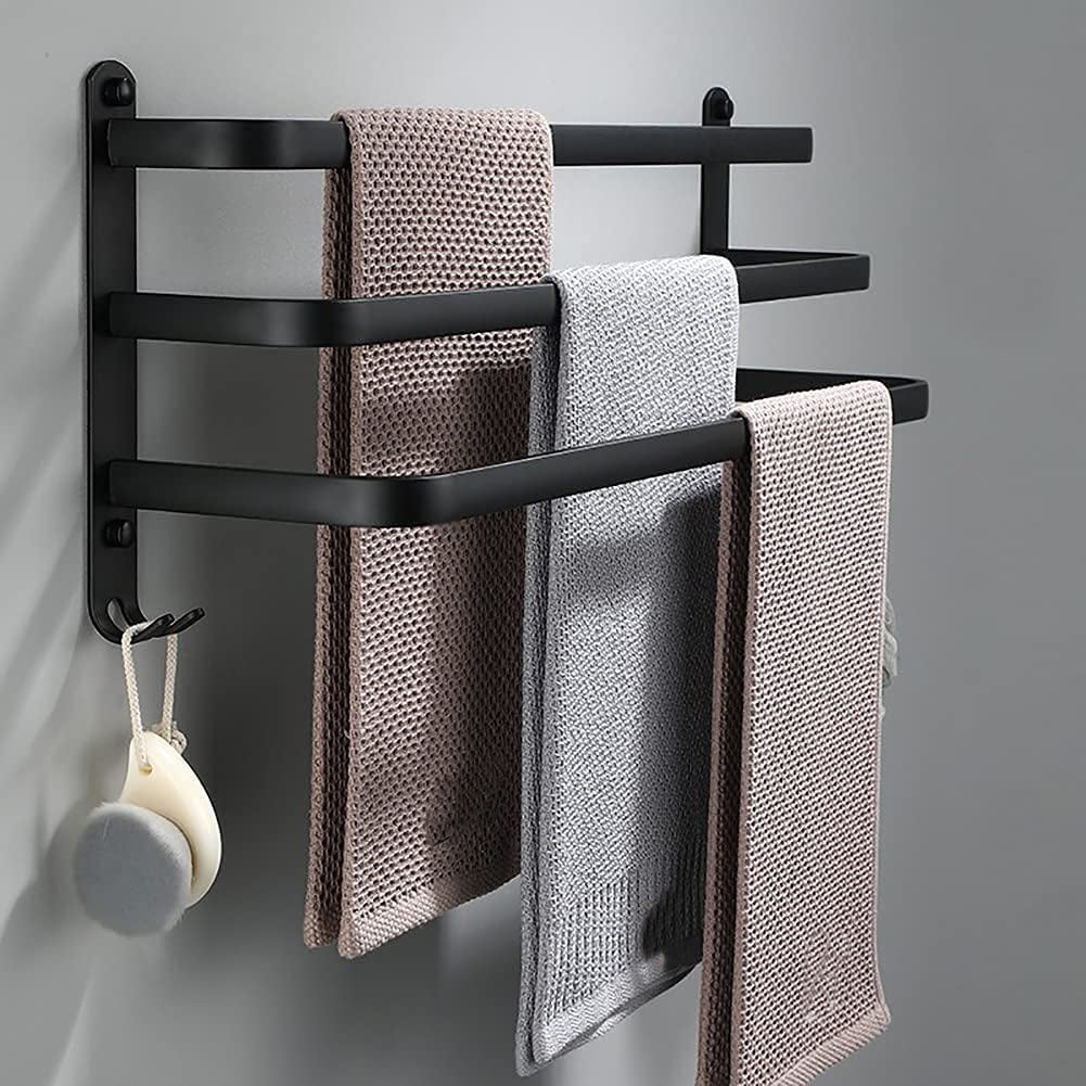 Towel Rack Aluminium 60.0 cm Black Wall Mounted Bathroom 3 Bar Towel Holder Drying Rail Organiser Storage | Thomler